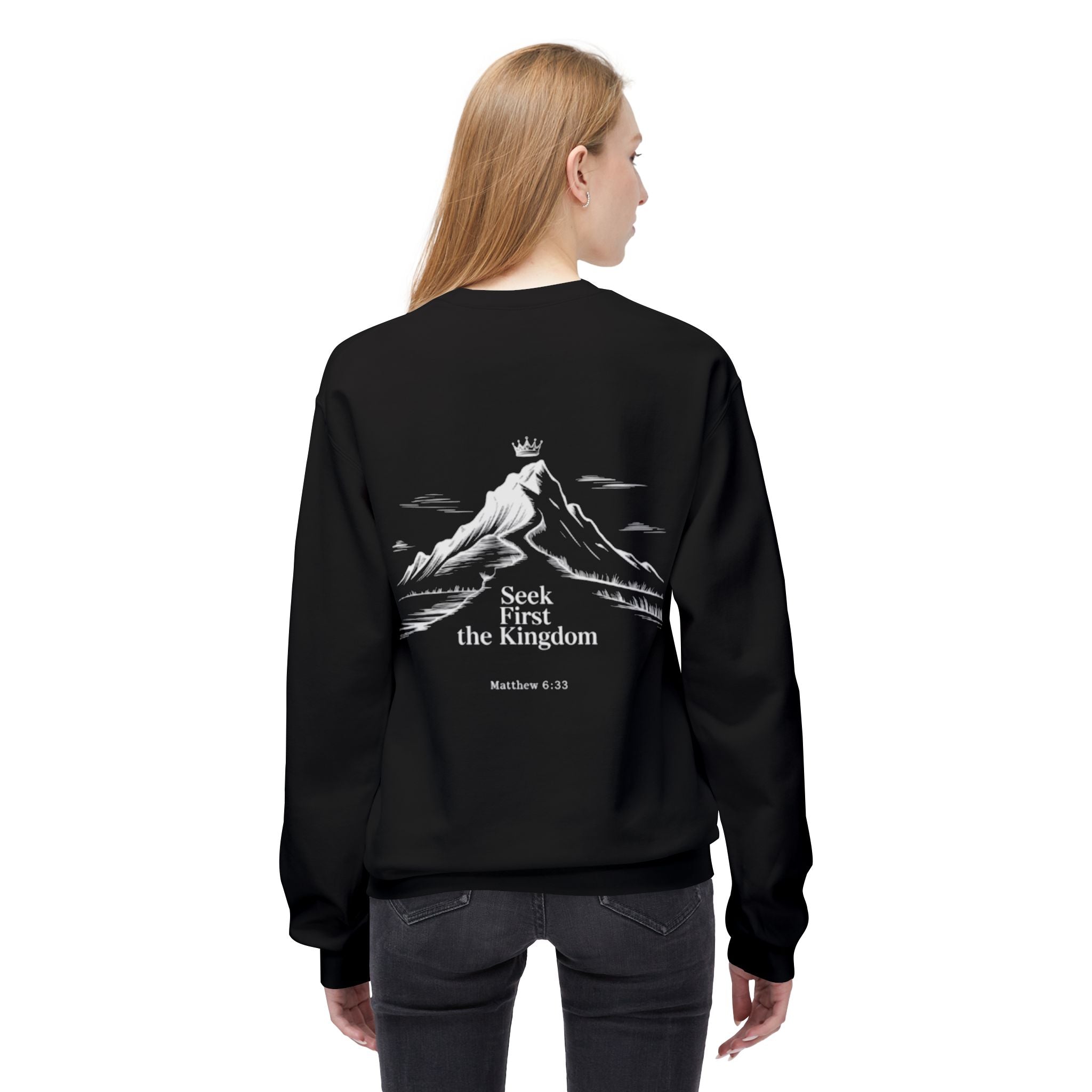 Seek First the Kingdom Sweatshirt — Christian Mountain Crewneck (Matthew 6:33)
