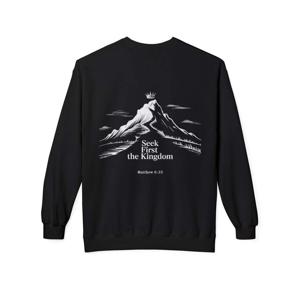 Seek First the Kingdom Sweatshirt — Christian Mountain Crewneck (Matthew 6:33)